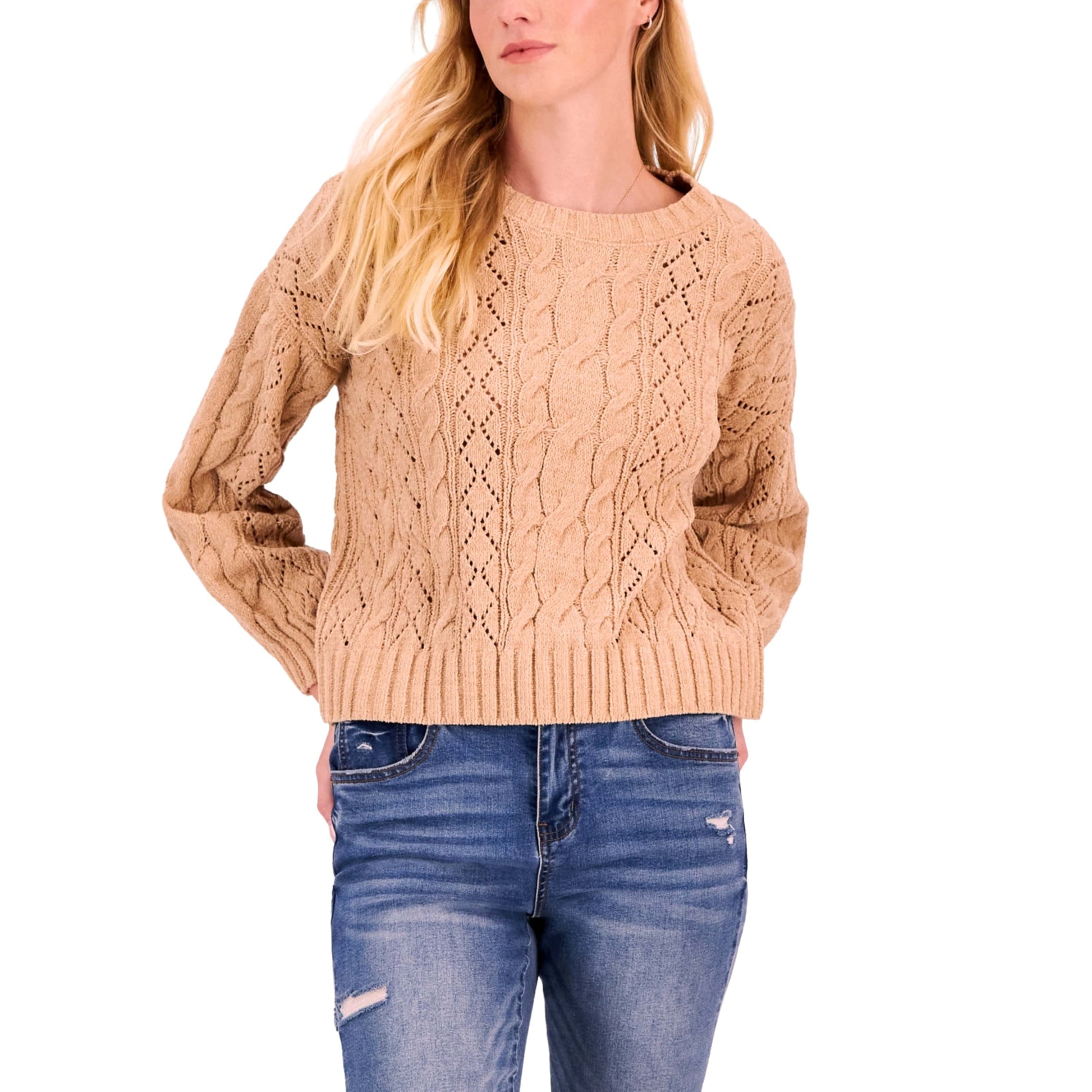 HIPPIE ROSE Womens Tops HIPPIE ROSE - Crewneck Cozy Chenille Cable-Knit Sweater