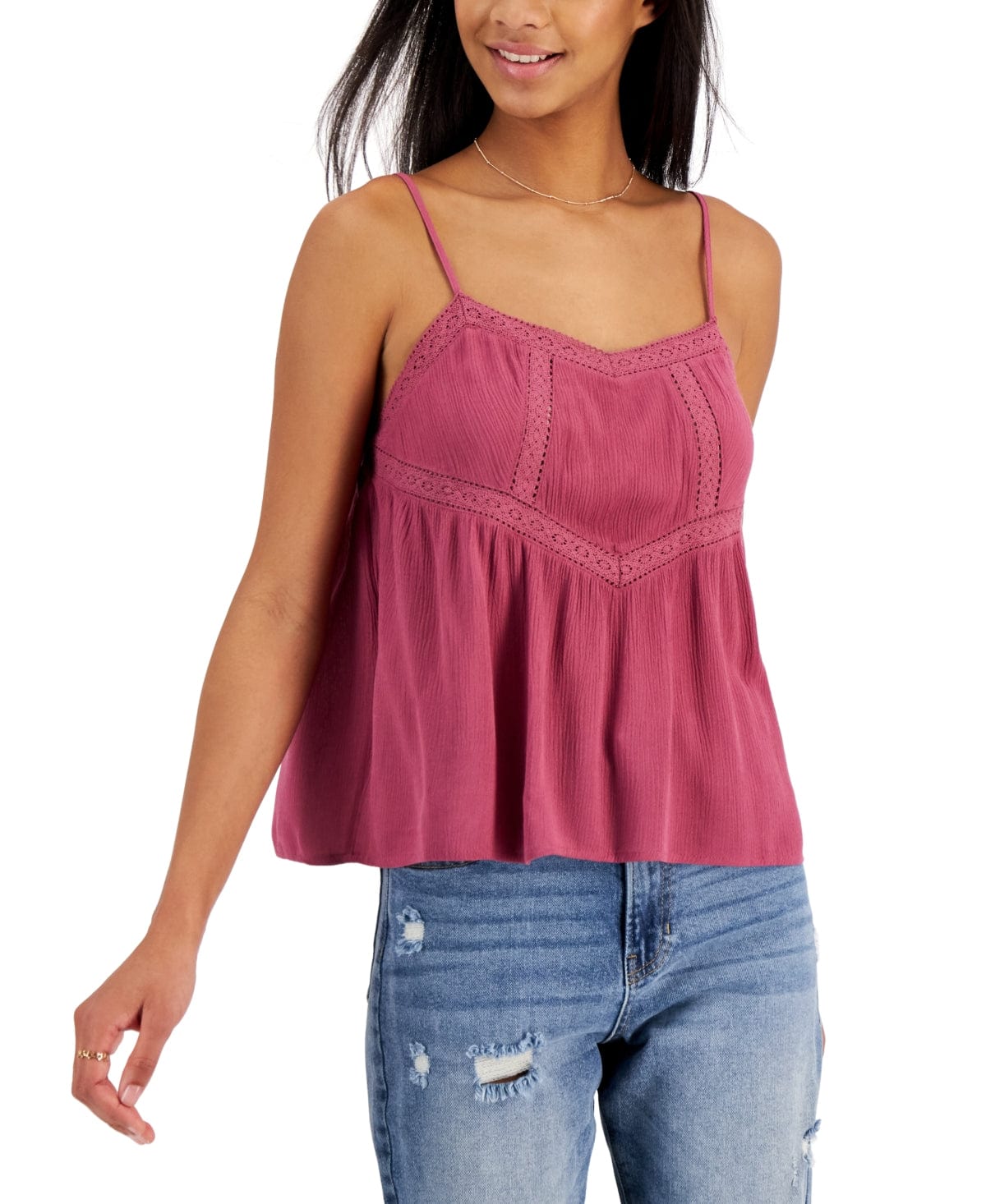 HIPPIE ROSE Womens Tops L / Burgundy HIPPIE ROSE - Crochet-Trim Gauze Sleeveless Top