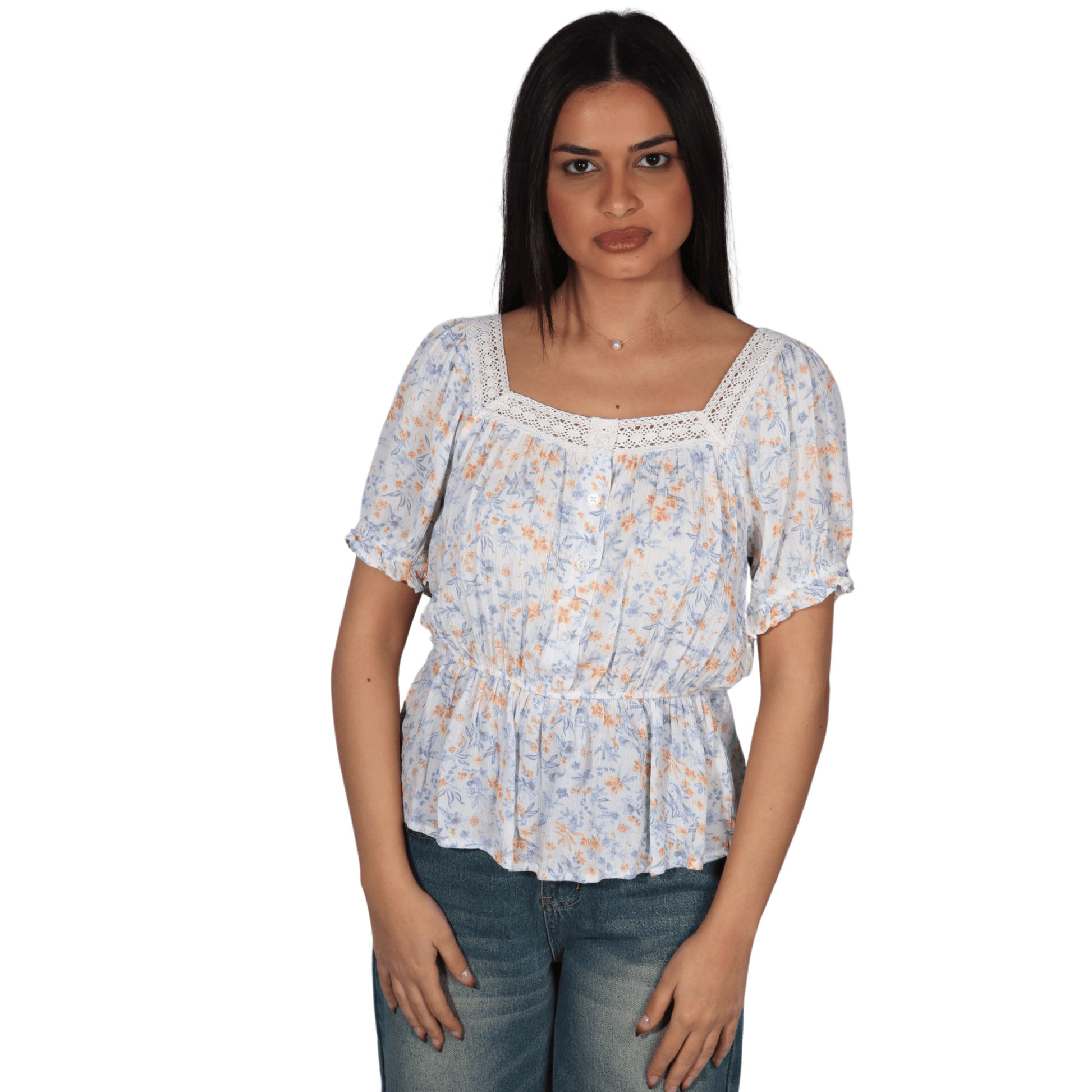HIPPIE ROSE Womens Tops S / Multi-Color HIPPIE ROSE -  Crochet-Trim Short-Sleeve Peplum Top