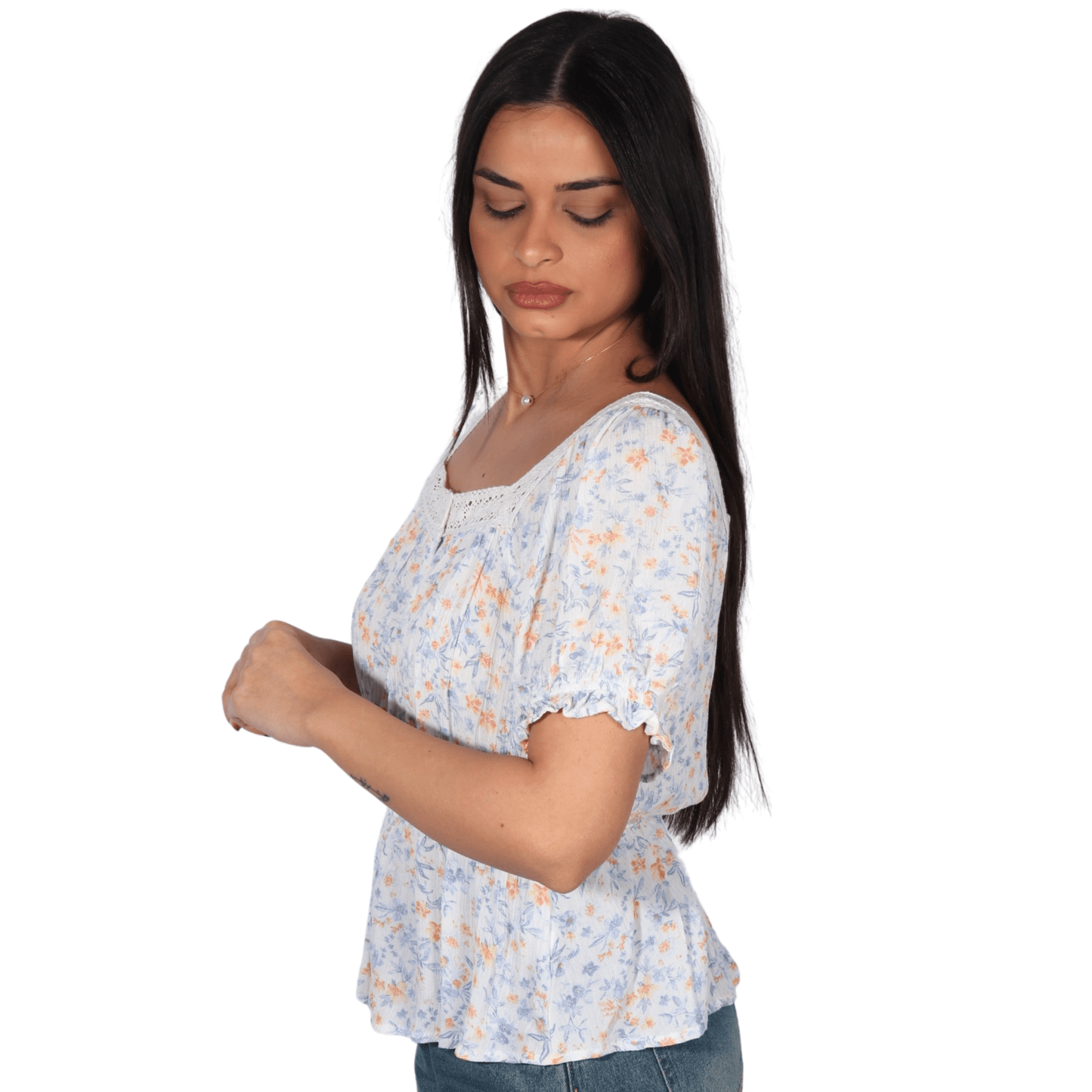 HIPPIE ROSE Womens Tops S / Multi-Color HIPPIE ROSE -  Crochet-Trim Short-Sleeve Peplum Top