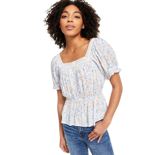 HIPPIE ROSE Womens Tops S / Multi-Color HIPPIE ROSE -  Crochet-Trim Short-Sleeve Peplum Top
