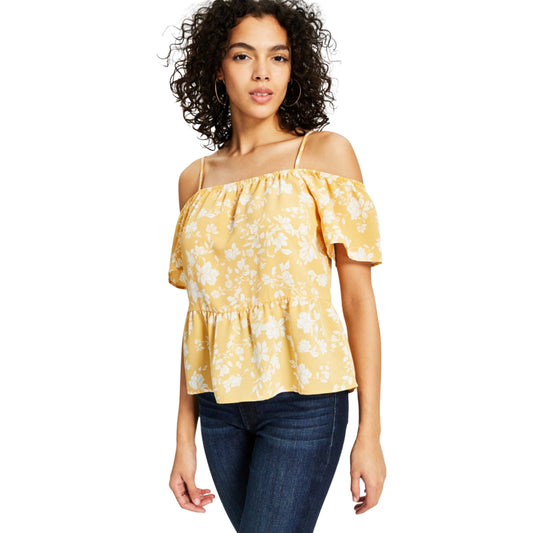 HIPPIE ROSE Womens Tops XL / Yellow HIPPIE ROSE - Elasticized Short-Sleeve Cold-Shoulder Top