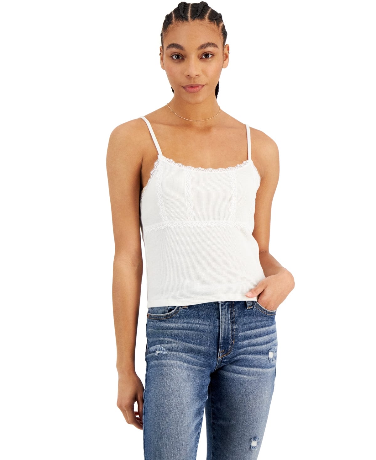 HIPPIE ROSE Womens Tops XL / White HIPPIE ROSE - Juniors' Lace-Trim Ribbed Camisole Top