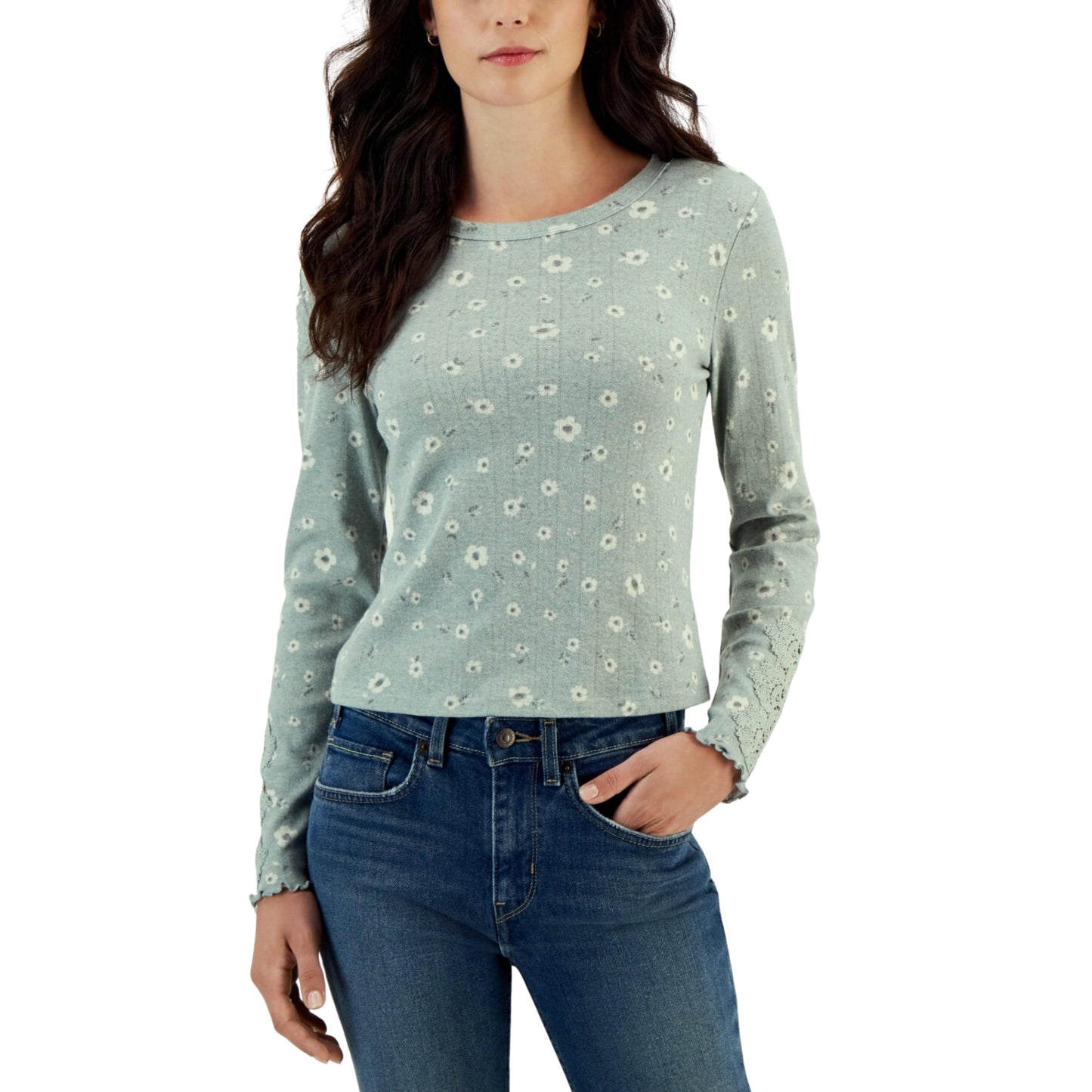 HIPPIE ROSE Womens Tops HIPPIE ROSE - Lace-Trim Long-Sleeve Top