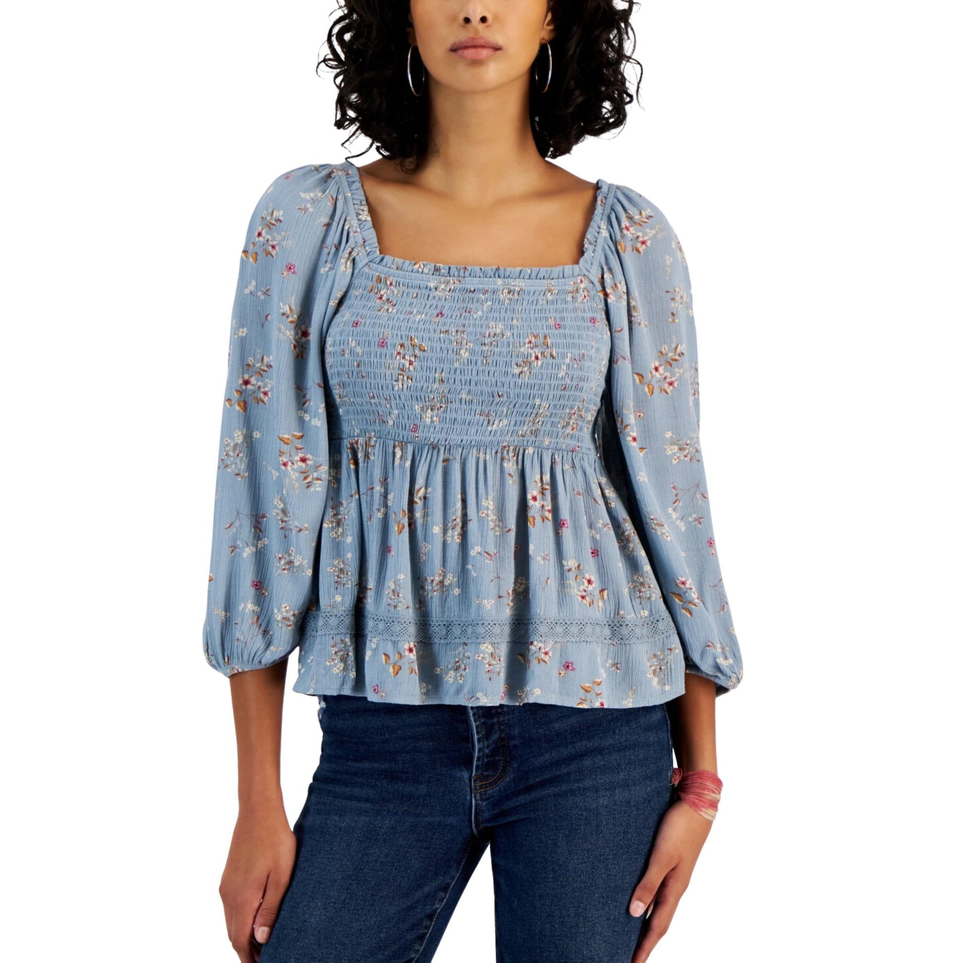 HIPPIE ROSE Womens Tops HIPPIE ROSE - Long Sleeve Square-Neck Smocked Top