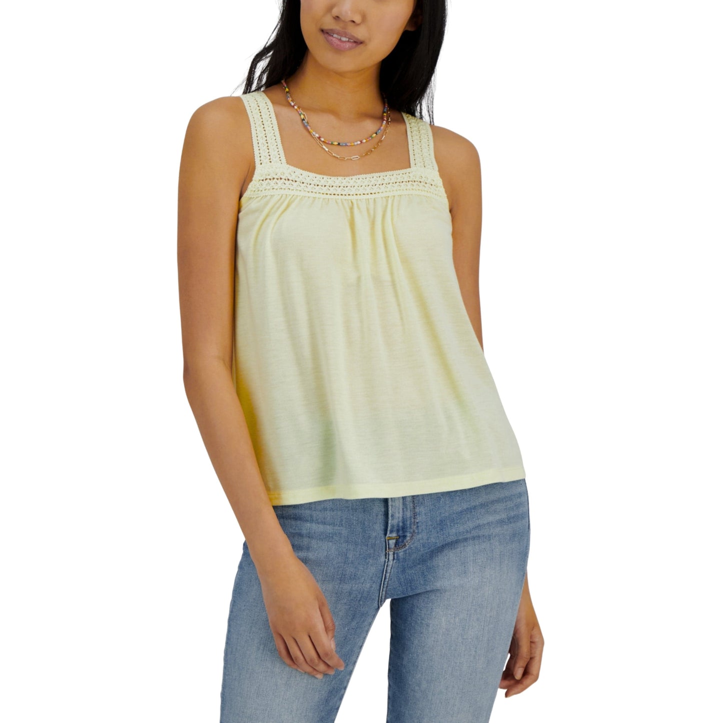 HIPPIE ROSE Womens Tops L / Yellow HIPPIE ROSE - Straight-Neck Crochet Knit Tank Top