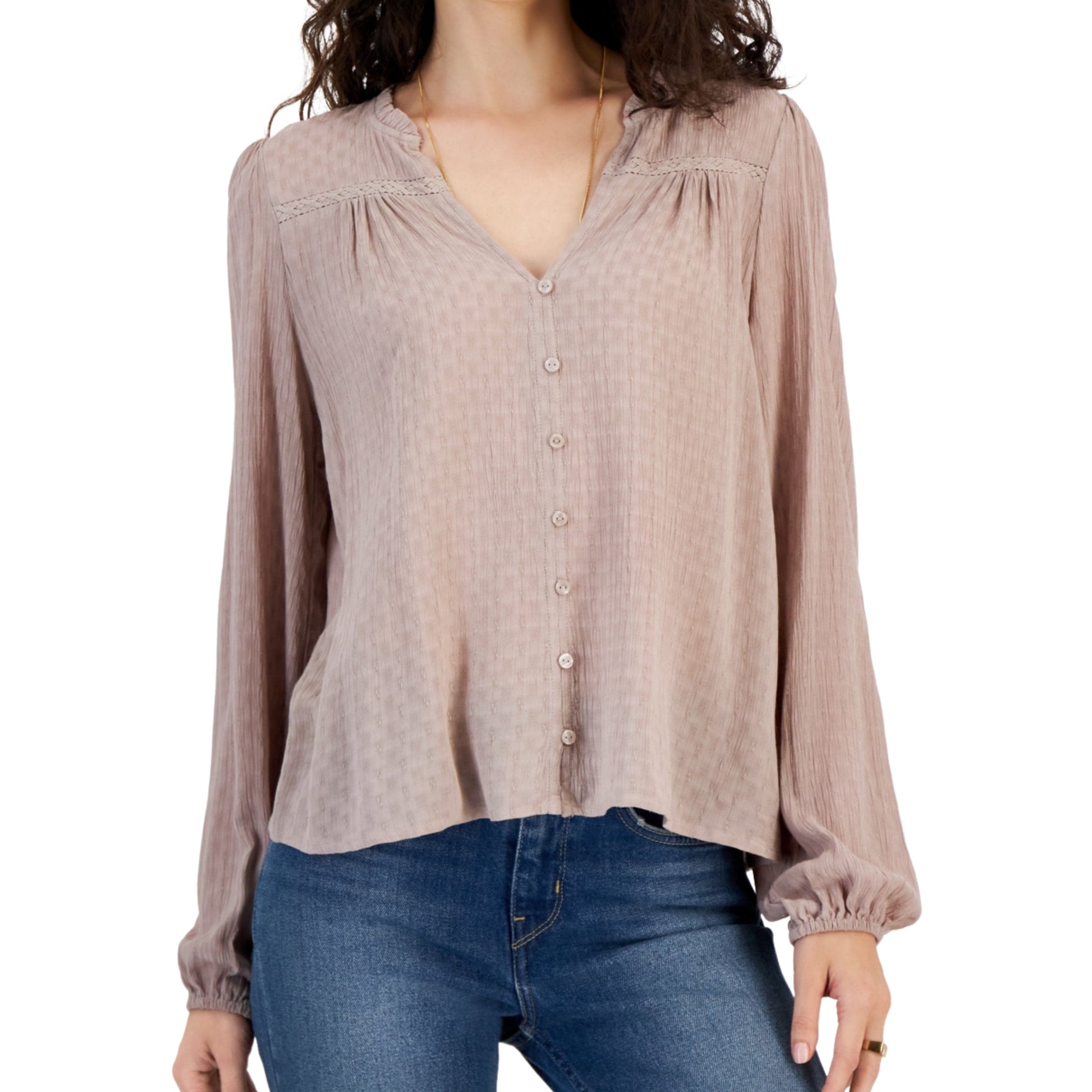 HIPPIE ROSE Womens Tops L / Beige HIPPIE ROSE - V-Neck Button-Front Long-Sleeve Blouse