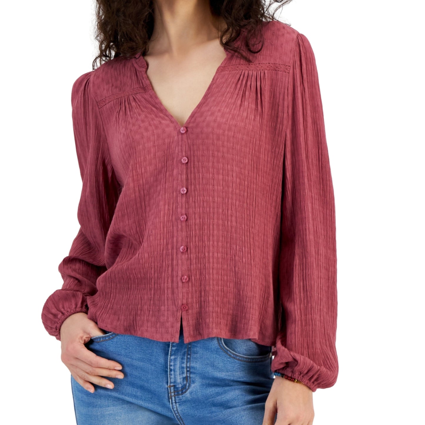 HIPPIE ROSE Womens Tops XS / Pink HIPPIE ROSE - V-Neck Button-Front Long-Sleeve Blouse