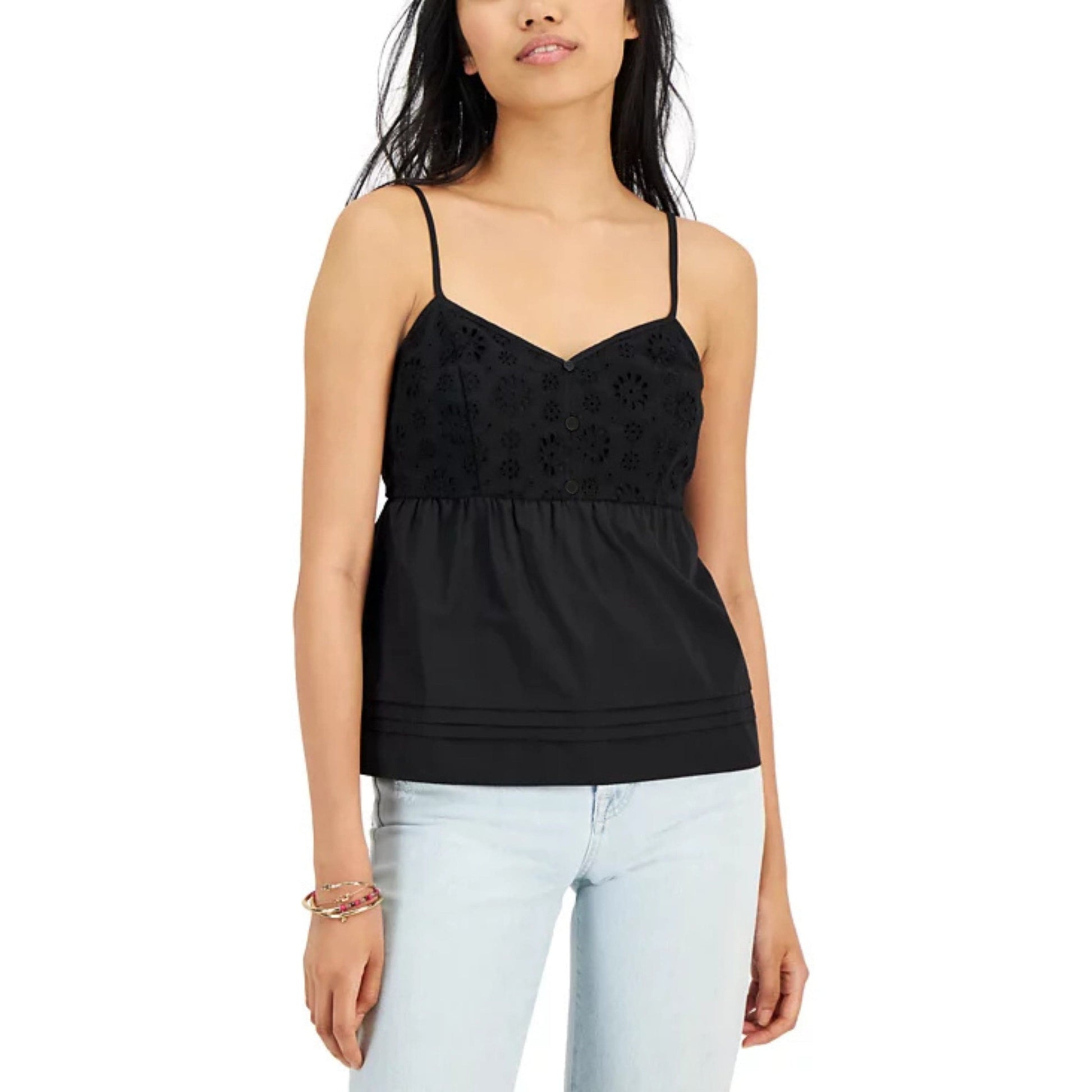 HIPPIE ROSE Womens Tops M / Black HIPPIE ROSE - V-Neck Eyelet Poplin Tank Top