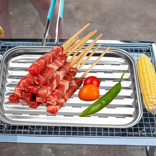 HOME DESIGN Barbecue & Accessories Silver HOME DESIGN - Stainless Steel Grill Pan, Rectangular Vegetable Grill