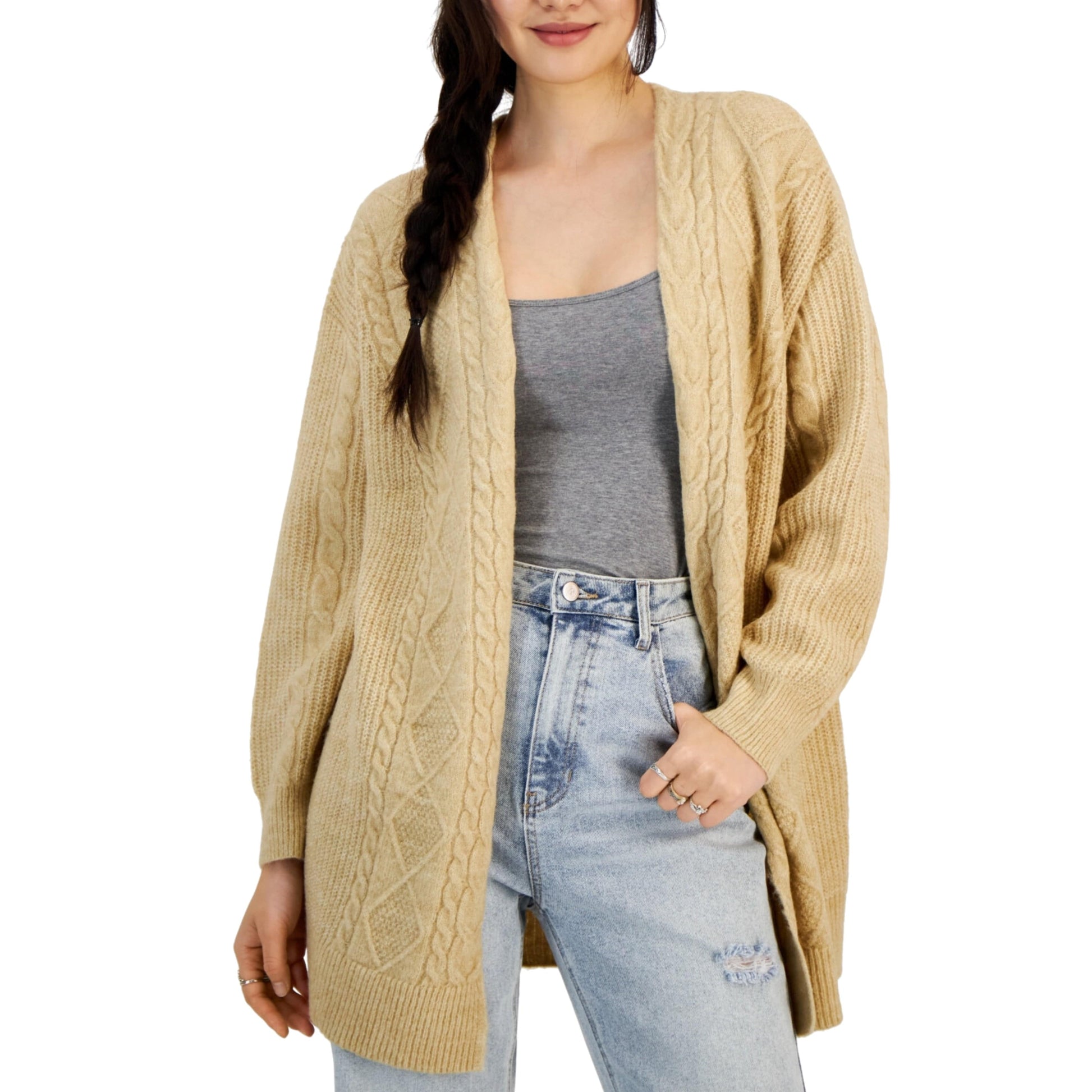 HOOKED UP Womens Jackets M / Beige HOOKED UP - Fisherman-Knit Open-Front Long Cardigan