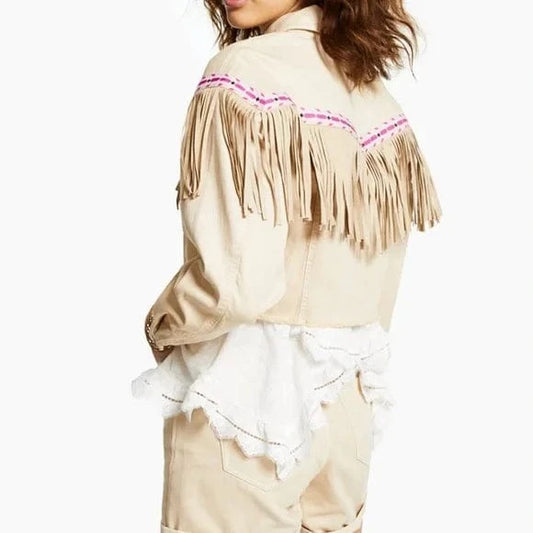 INC INTERNATIONAL CONCEPTS Womens Jackets L / Beige INC - Luxe Fringe-Trim Denim Jacket