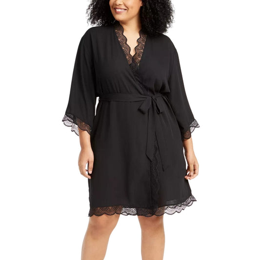 INC INTERNATIONAL CONCEPTS Womens Pajama XXL / Black INC - Lace-Trim Chiffon Wrap Robe