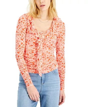 INC INTERNATIONAL CONCEPTS Womens Tops S / Orange INC - Printed Ruffled Ruched Mesh Top