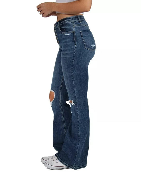INDIGO REIN Womens Bottoms INDIGO REIN -  Distressed Button-Fly Flare-Leg Jeans