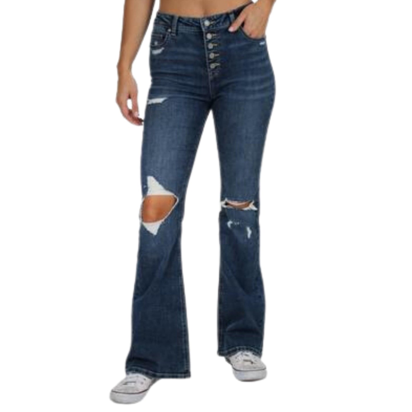 INDIGO REIN Womens Bottoms XS / Blue INDIGO REIN -  Distressed Button-Fly Flare-Leg Jeans