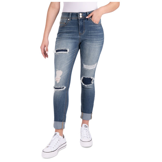 INDIGO REIN Womens Bottoms XS / Blue / 23 INDIGO REIN - Mid Rise Destructed Skinny Jeans