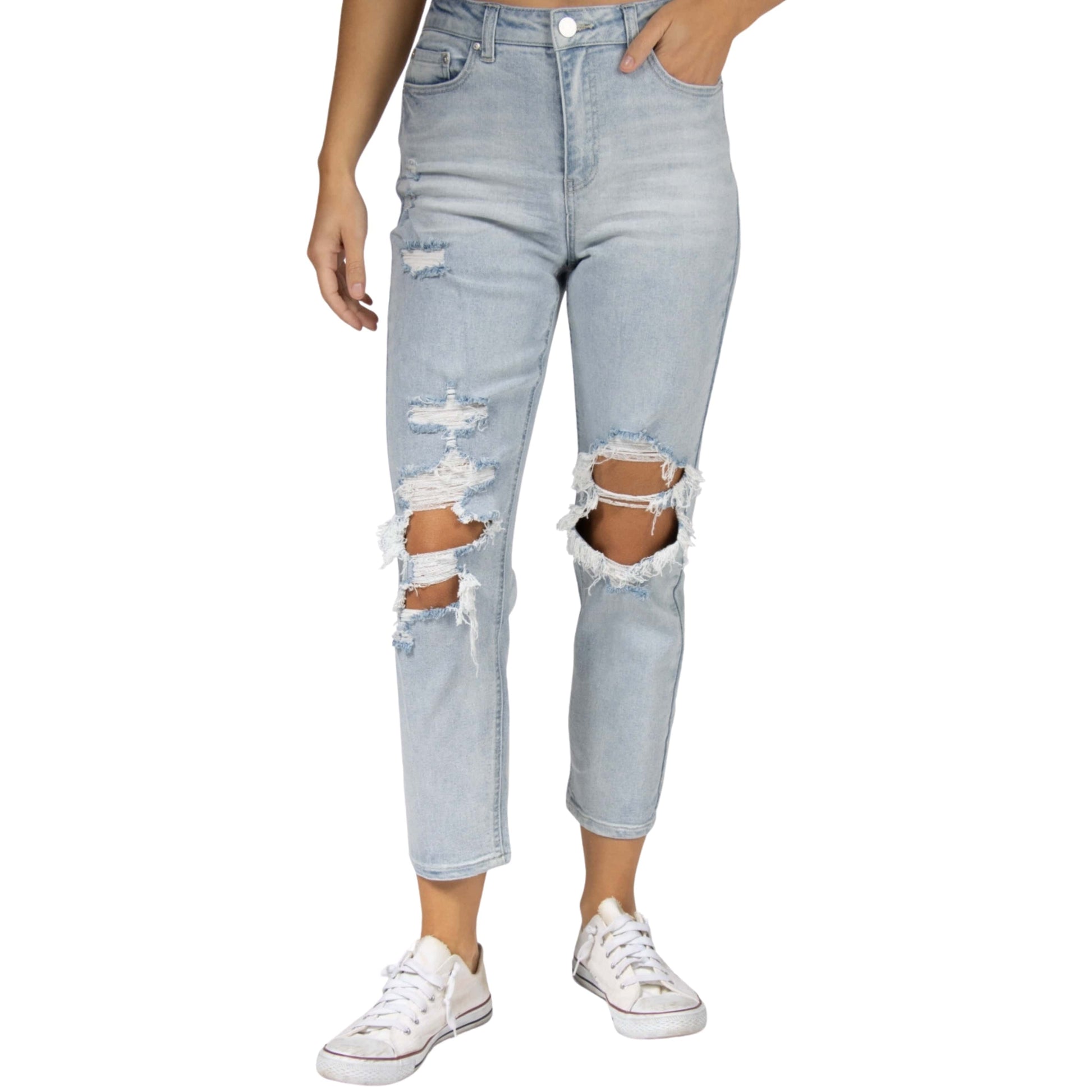 INDIGO REIN Womens Bottoms S / Light Blue INDIGO REIN - Ripped Stretch Mom Jeans