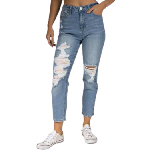 INDIGO REIN Womens Bottoms M / Blue INDIGO REIN - Ripped Stretch Mom Jeans