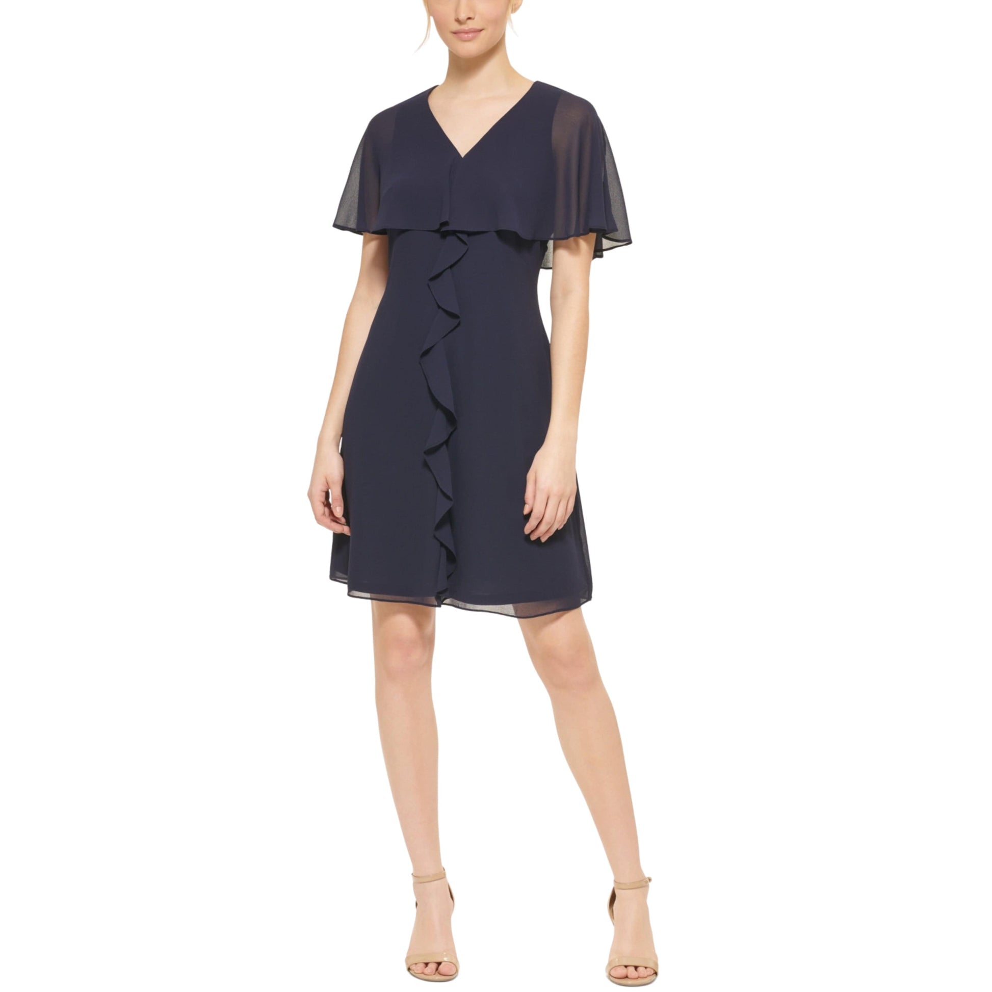 JESSICA HOWARD Womens Dress Petite S / Navy JESSICA HOWARD - Ruffled Knee-Length Shift Dress