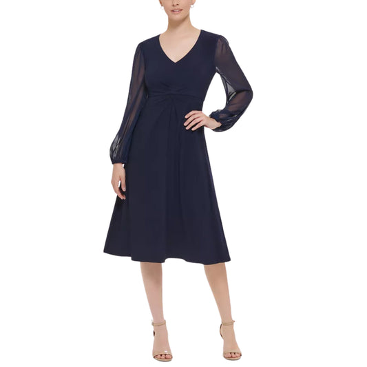 JESSICA HOWARD Womens Dress XL / Navy JESSICA HOWARD - Women's Chiffon-Sleeve Midi Dress