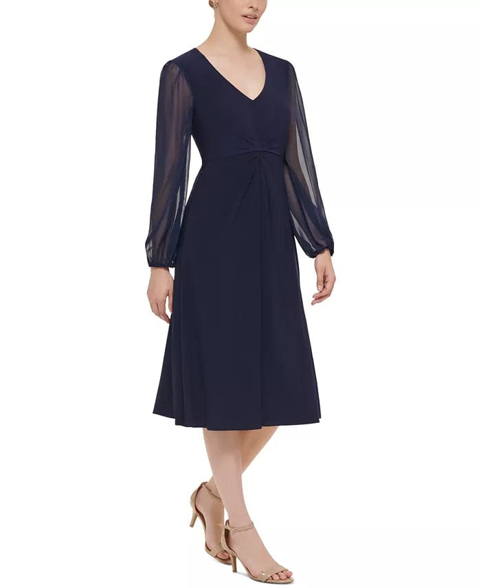 JESSICA HOWARD Womens Dress XL / Navy JESSICA HOWARD - Women's Chiffon-Sleeve Midi Dress