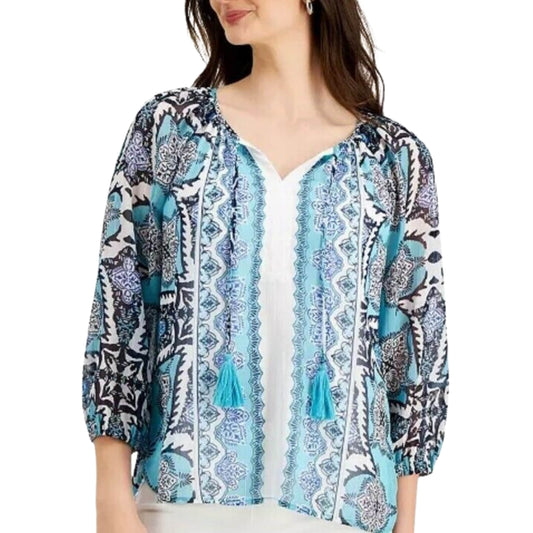 JM COLLECTION Womens Tops Petite M / Multi-Color JM COLLECTION - Ariana Split-Neck Printed Top