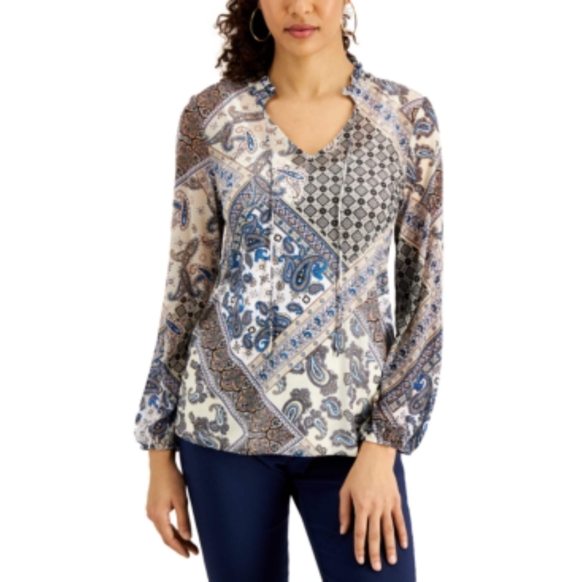 JM COLLECTION Womens Tops XXXL / Multi-Color JM COLLECTION -  Printed Tie-Neck Top