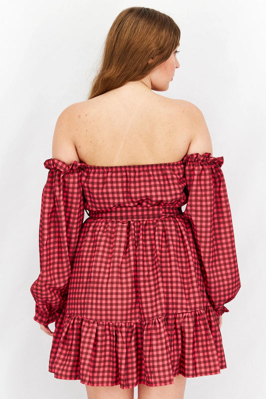JOHN ZACK Womens Dress Petite S / Multi-Color JOHN ZACK - Off Shoulder Gingham Pattern Belted Mini Dress