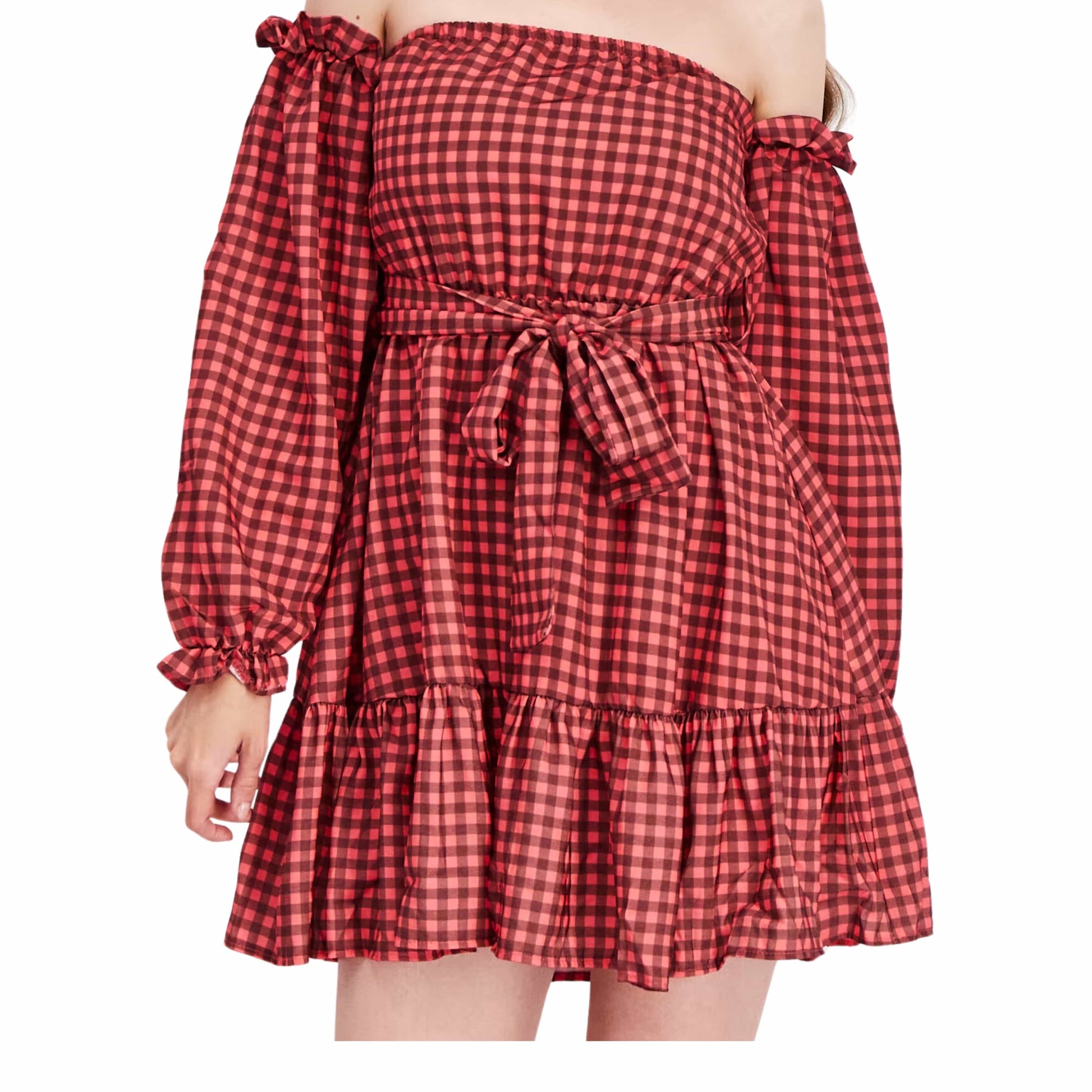 JOHN ZACK Womens Dress Petite S / Multi-Color JOHN ZACK - Off Shoulder Gingham Pattern Belted Mini Dress