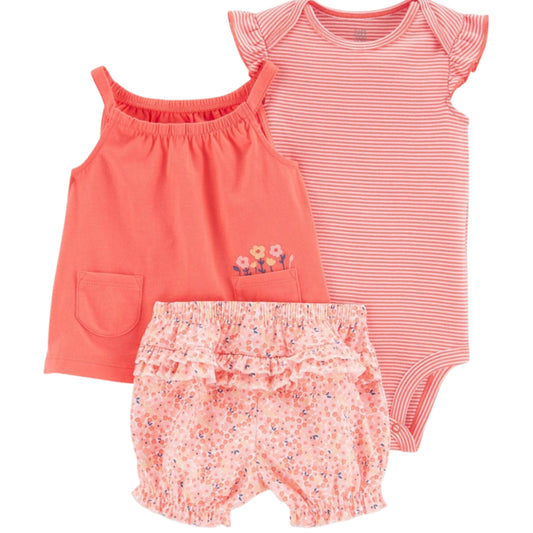 JUST ONE YOU Baby Girl New Born / Coral JUST ONE YOU - Floral Top & Bottom Set Of 3 Pieces