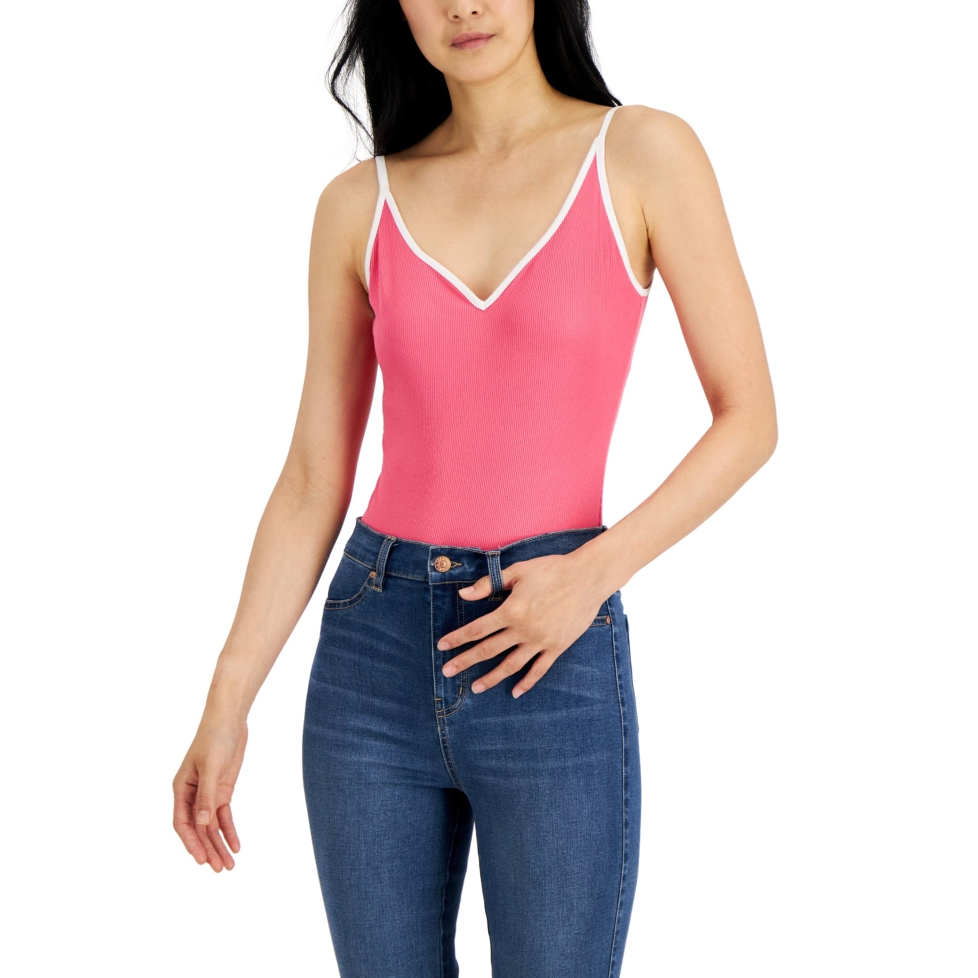 JUST POLLY Womens Tops M / Pink JUST POLLY - Contrast-Trim Ribbed Bodysuit