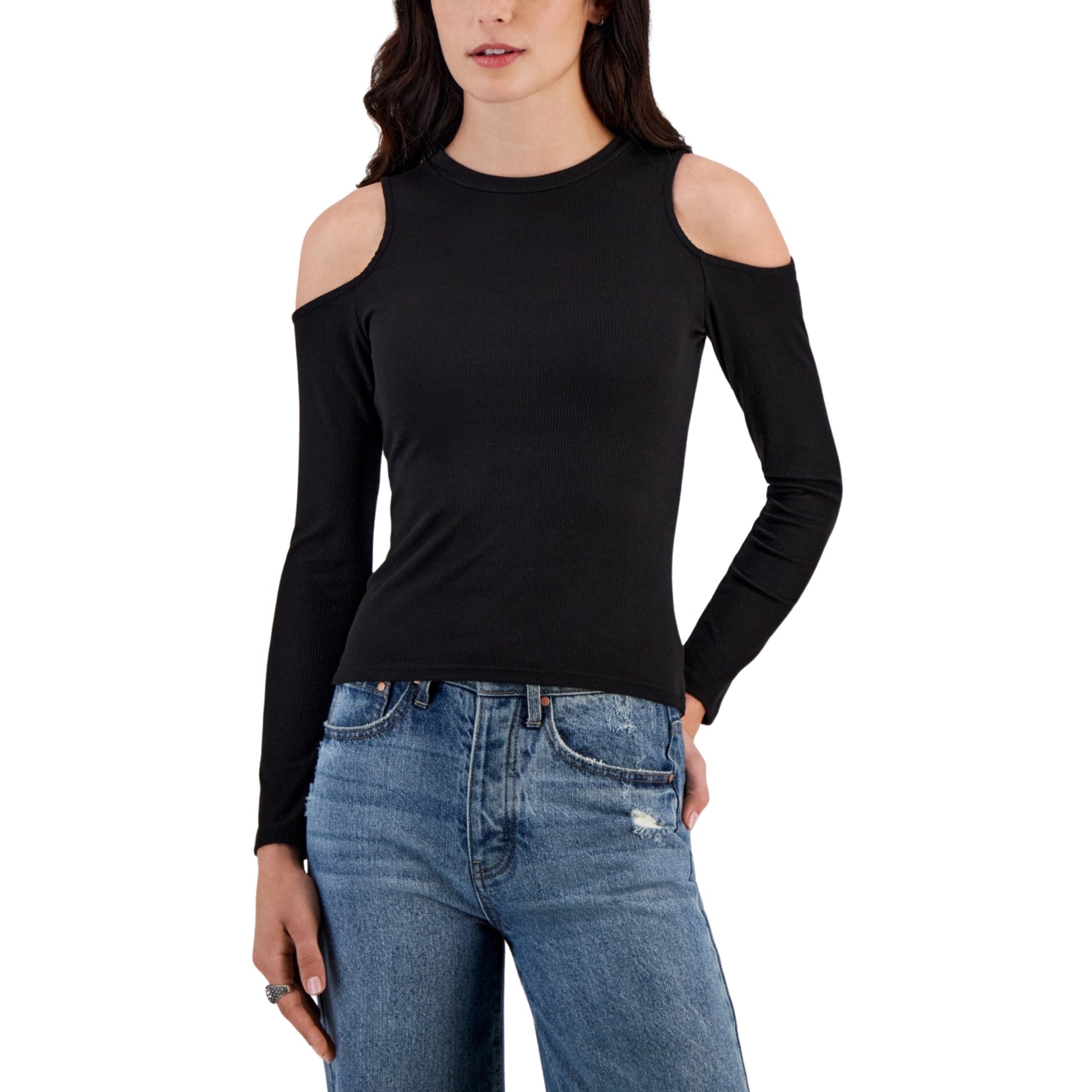 JUST POLLY Womens Tops S / Black JUST POLLY - Crewneck Cold-Shoulder Ribbed blouse