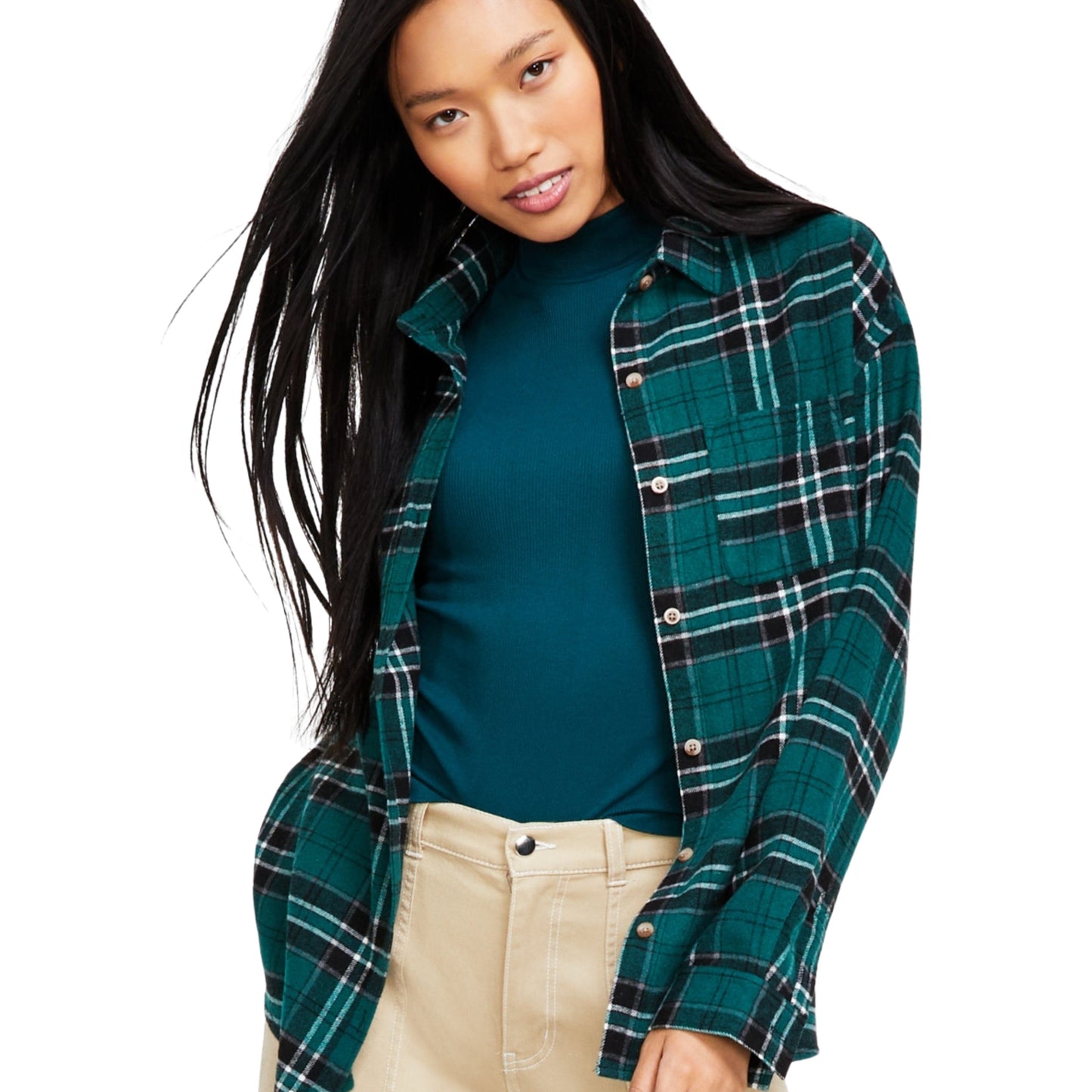 JUST POLLY Womens Tops JUST POLLY - Plaid Button-Down Open Top