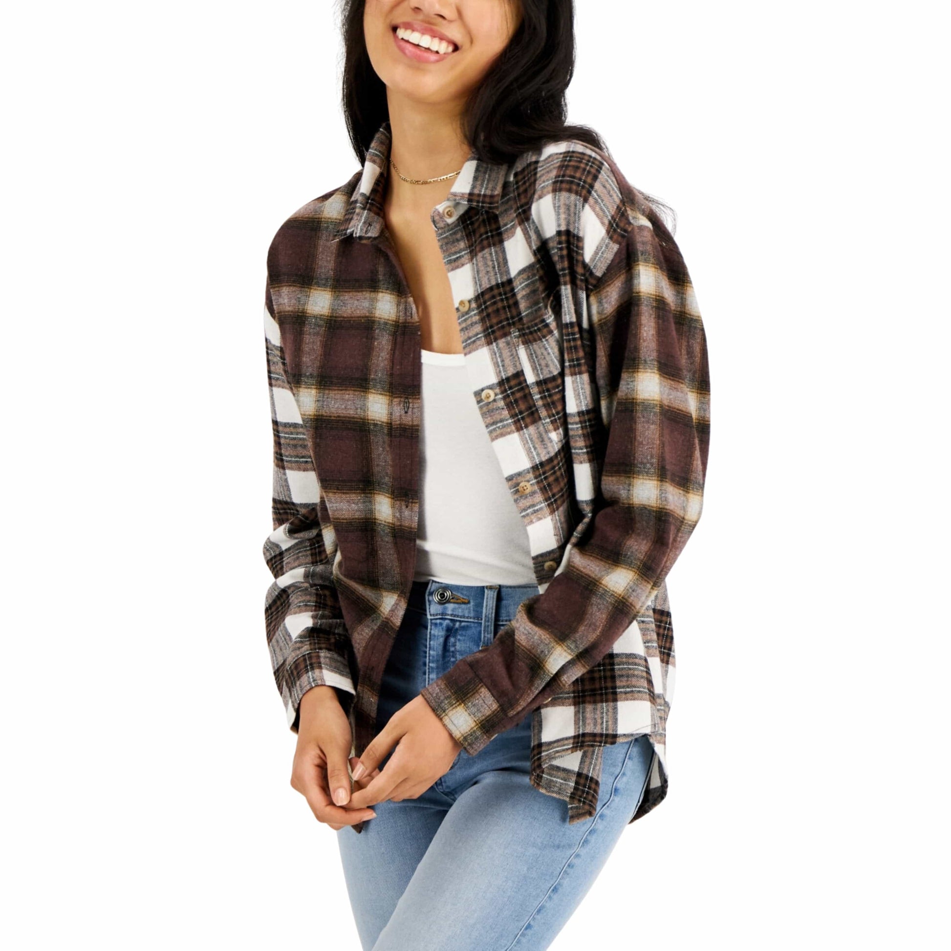 JUST POLLY Womens Tops XS / Brown JUST POLLY - Plaid Button-Down Top