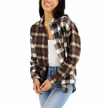 JUST POLLY Womens Tops XS / Brown JUST POLLY - Plaid Button-Down Top