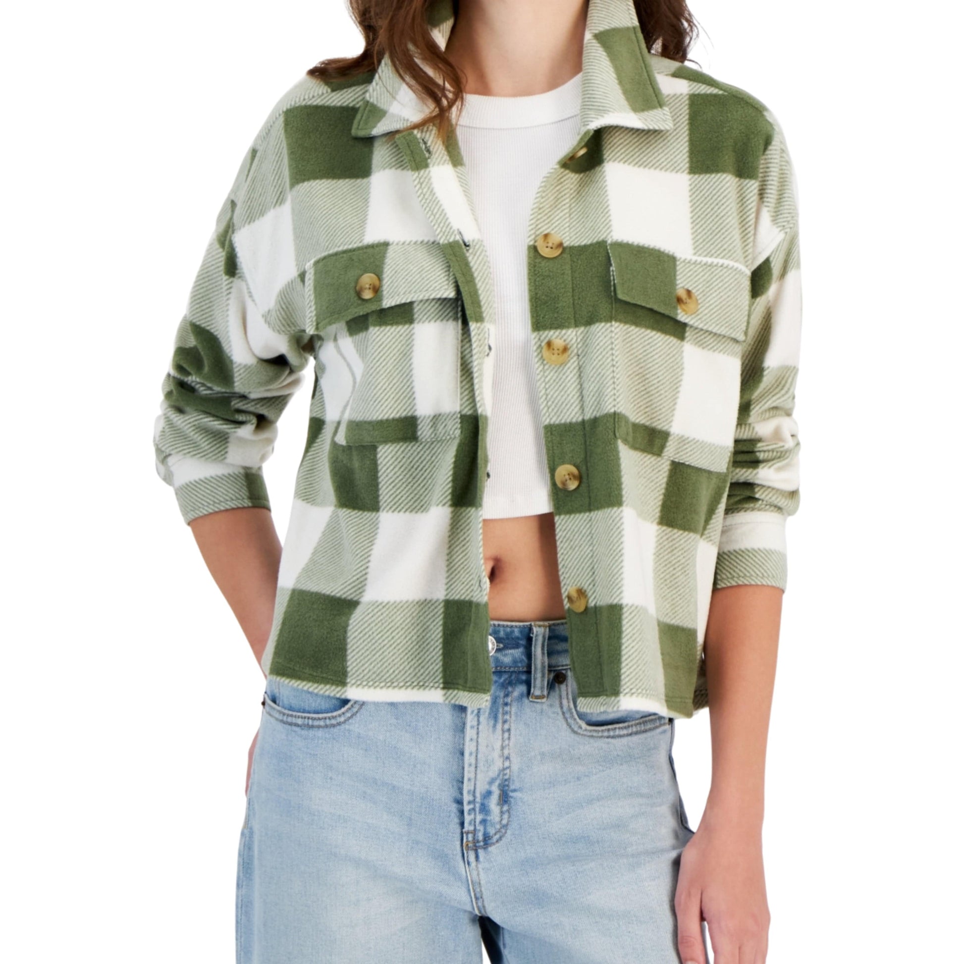 JUST POLLY Womens Tops L / Green JUST POLLY - Plaid Chest-Pocket Shirt