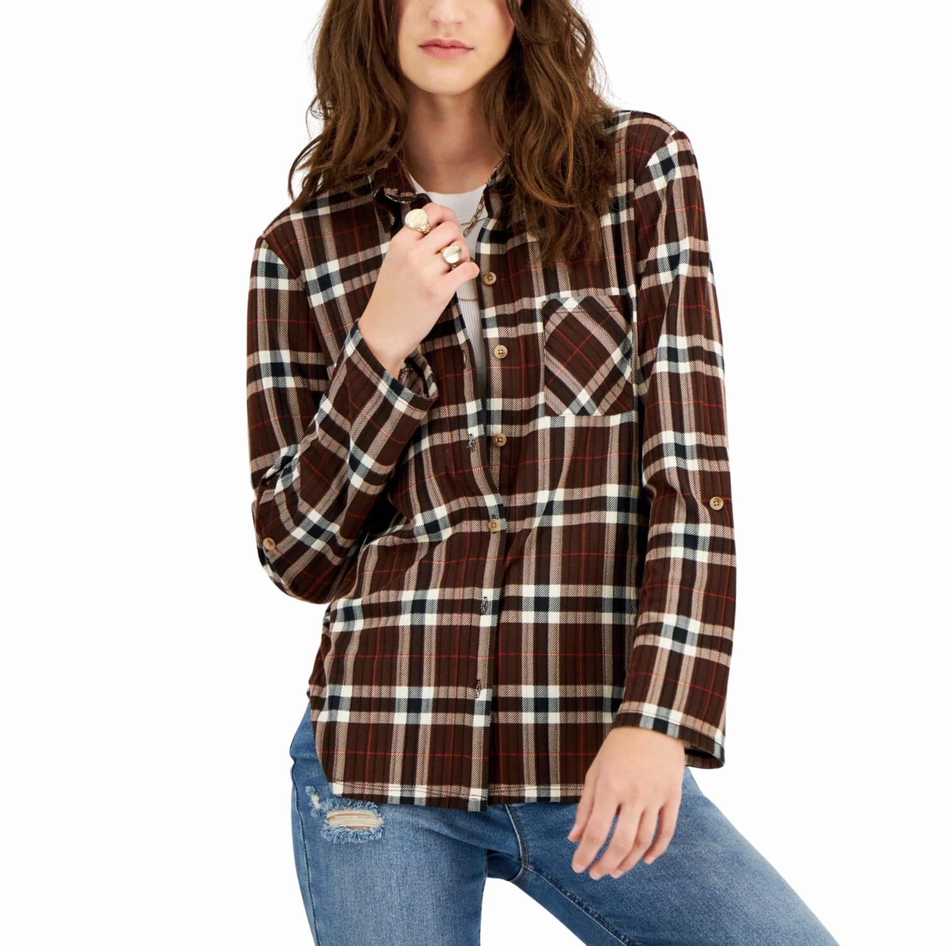 JUST POLLY Womens Tops L / Brown JUST POLLY - Plaid Collared Knit Shirt