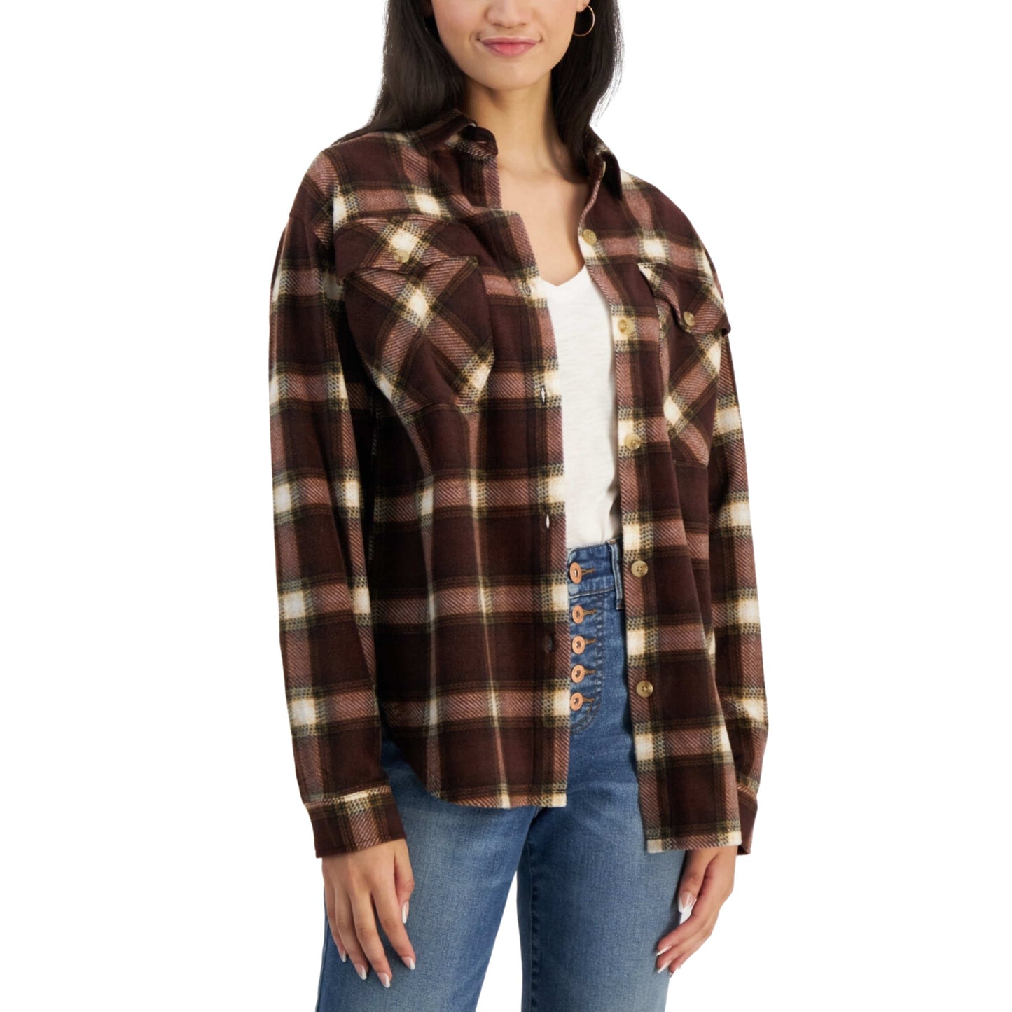 JUST POLLY Womens Tops S / Brown JUST POLLY -  Plaid Print Shacket