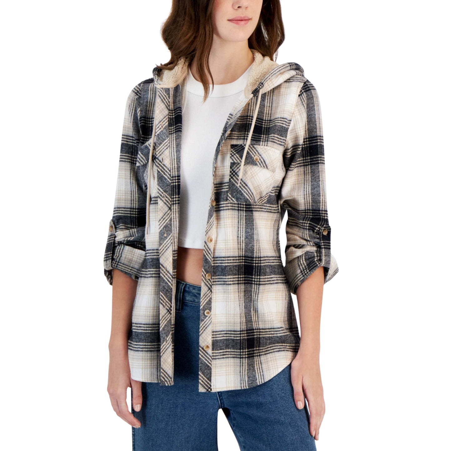 JUST POLLY Womens Tops M / Multi-Color JUST POLLY - Plaid Sherpa Hooded Button-up Shacket