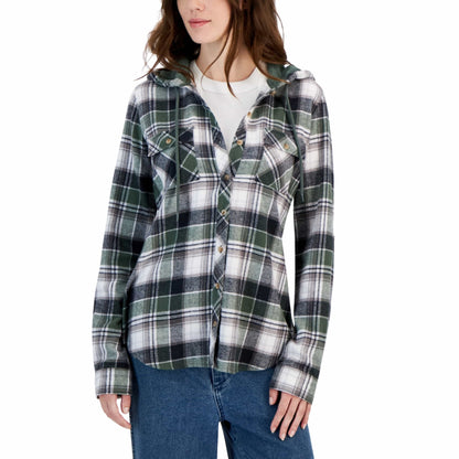 JUST POLLY Womens Tops XS / Green JUST POLLY - Plaid Sherpa Hooded Button-up Shacket