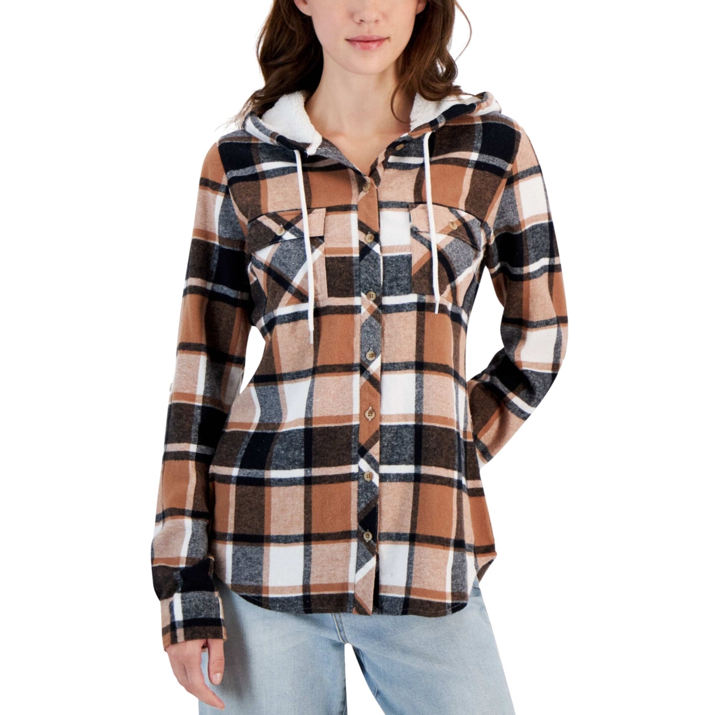 JUST POLLY Womens Tops JUST POLLY -  Plaid Sherpa Hooded Button-up Shirt