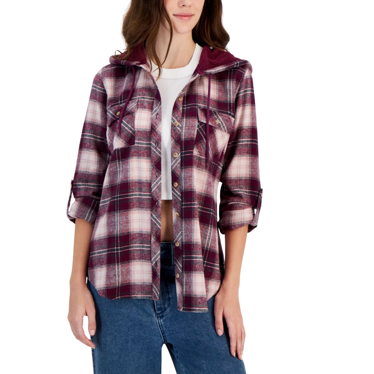 JUST POLLY Womens Tops JUST POLLY - Plaid Sherpa Hooded Shirt