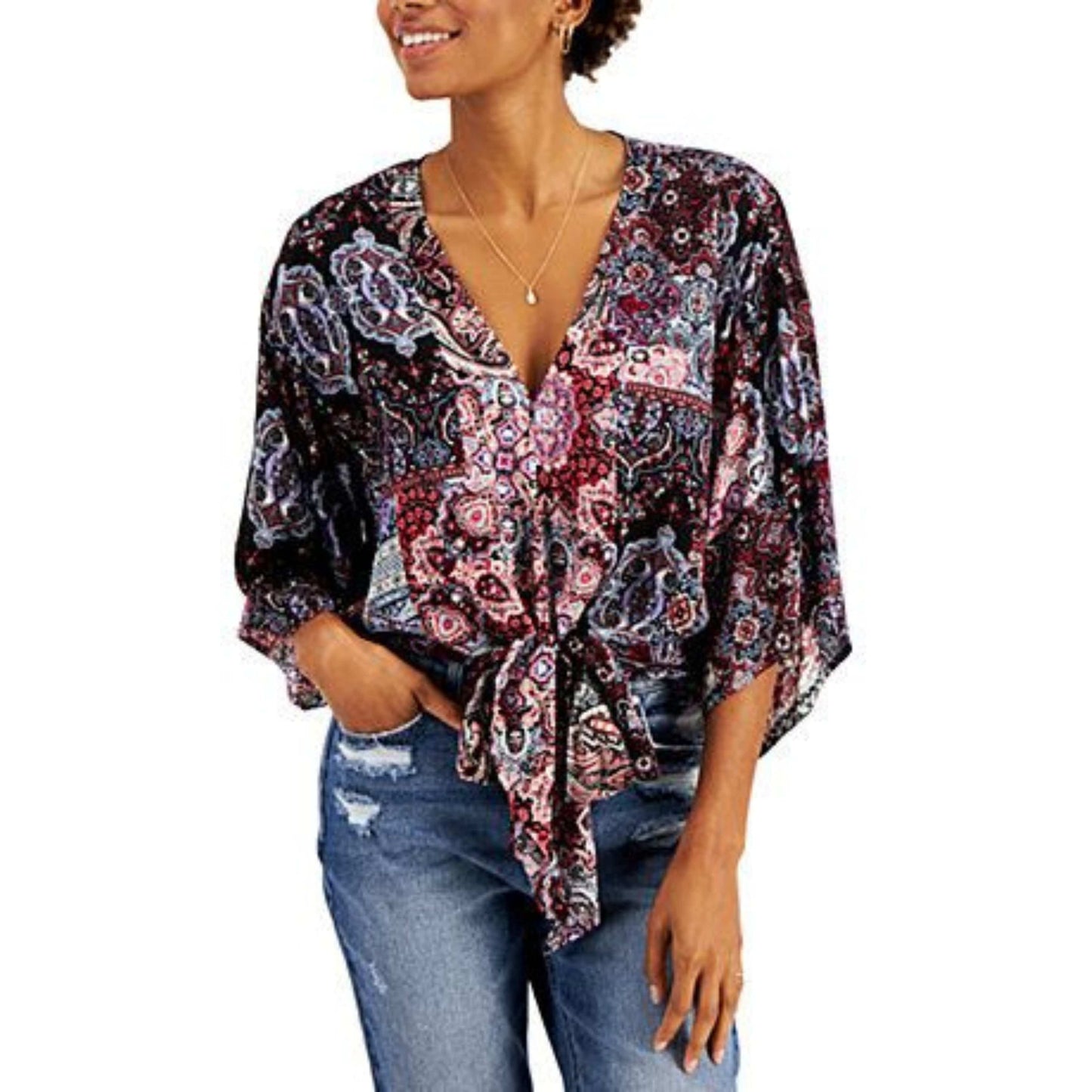 JUST POLLY Womens Tops XS / Multi-Color JUST POLLY - Printed Tie-Front Top