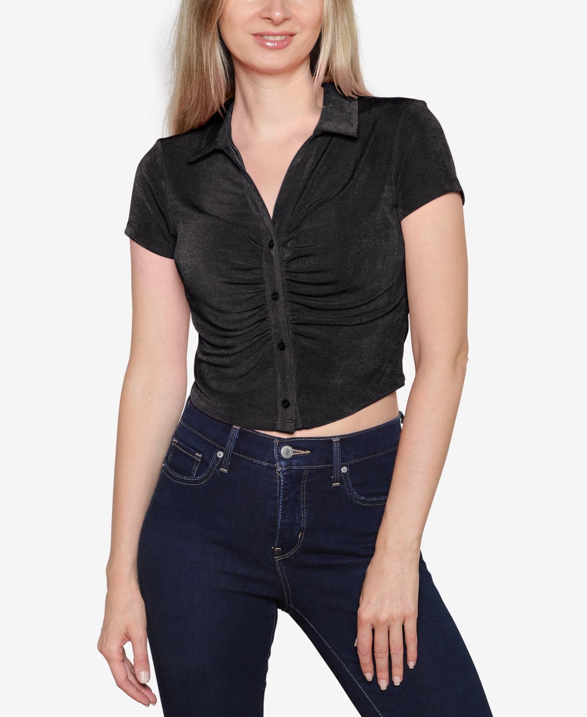 JUST POLLY Womens Tops L / Black JUST POLLY -  Ruched-Front Polo Shirt