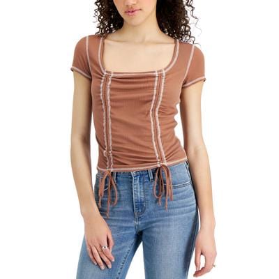 JUST POLLY Womens Tops M / Brown JUST POLLY - Square-Neck Ruched Top