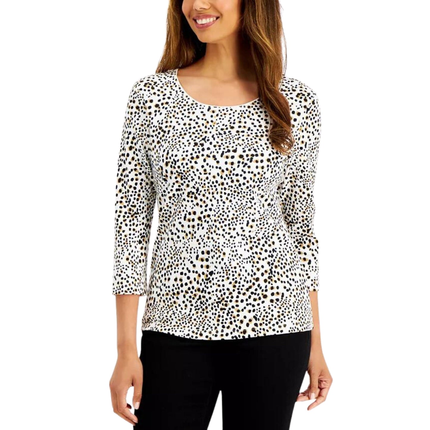 KAREN SCOTT Womens Tops Petite XS / Multi-Color KAREN SCOTT -  Animal-Print 3/4-Sleeve Top