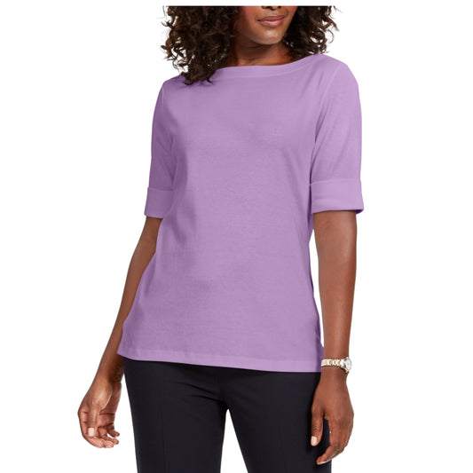 KAREN SCOTT Womens Tops Petite M / Purple KAREN SCOTT -  Cotton Elbow-Sleeve T-Shirt