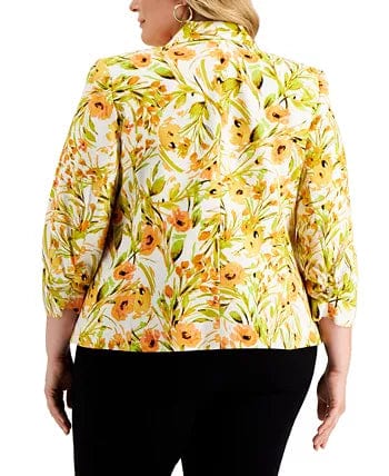 KASPER Womens Jackets KASPER - Plus Size Linen Floral Shawl-Collar Blazer