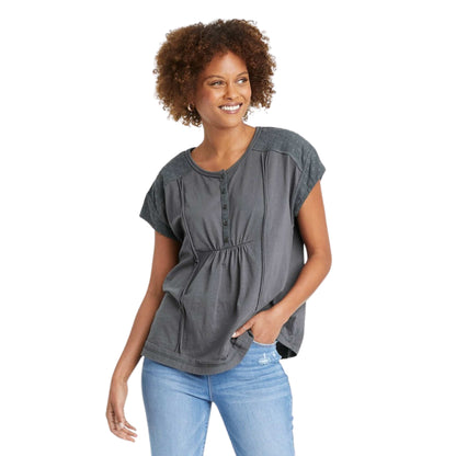 KNOX ROSE Womens Tops S / Grey KNOX ROSE - Short sleeve Henley blouse